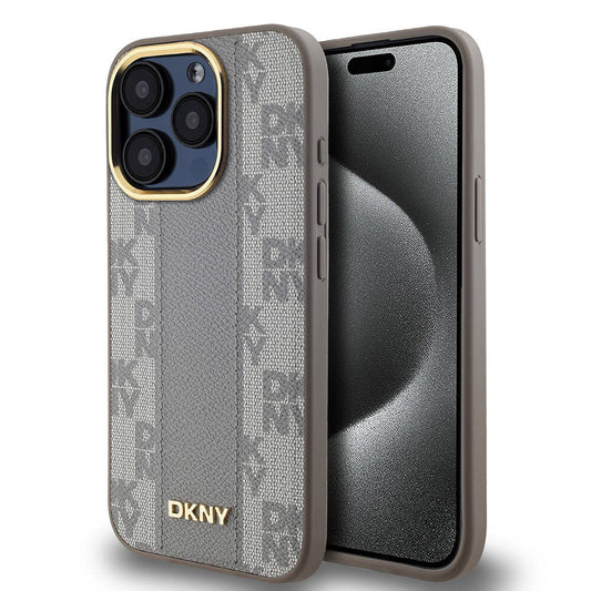 Apple iPhone 15 Pro Max Kılıf DKNY Orjinal Lisanslı M-safe Şarj Özellikli 3D Yazılı Checkered Pattern Kapak Krem