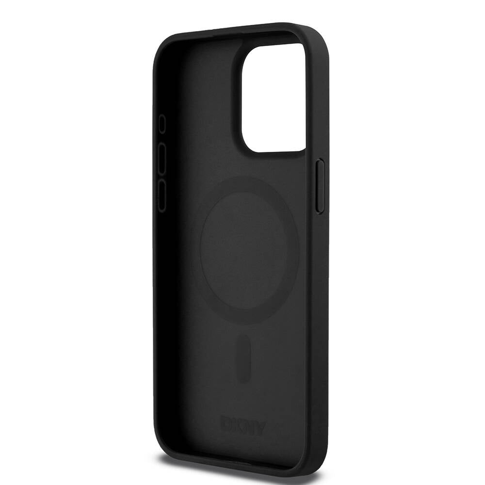 Apple iPhone 15 Pro Max Kılıf DKNY Orjinal Lisanslı M-safe Şarj Özellikli 3D Yazılı Repeat Pattern Kapak Siyah