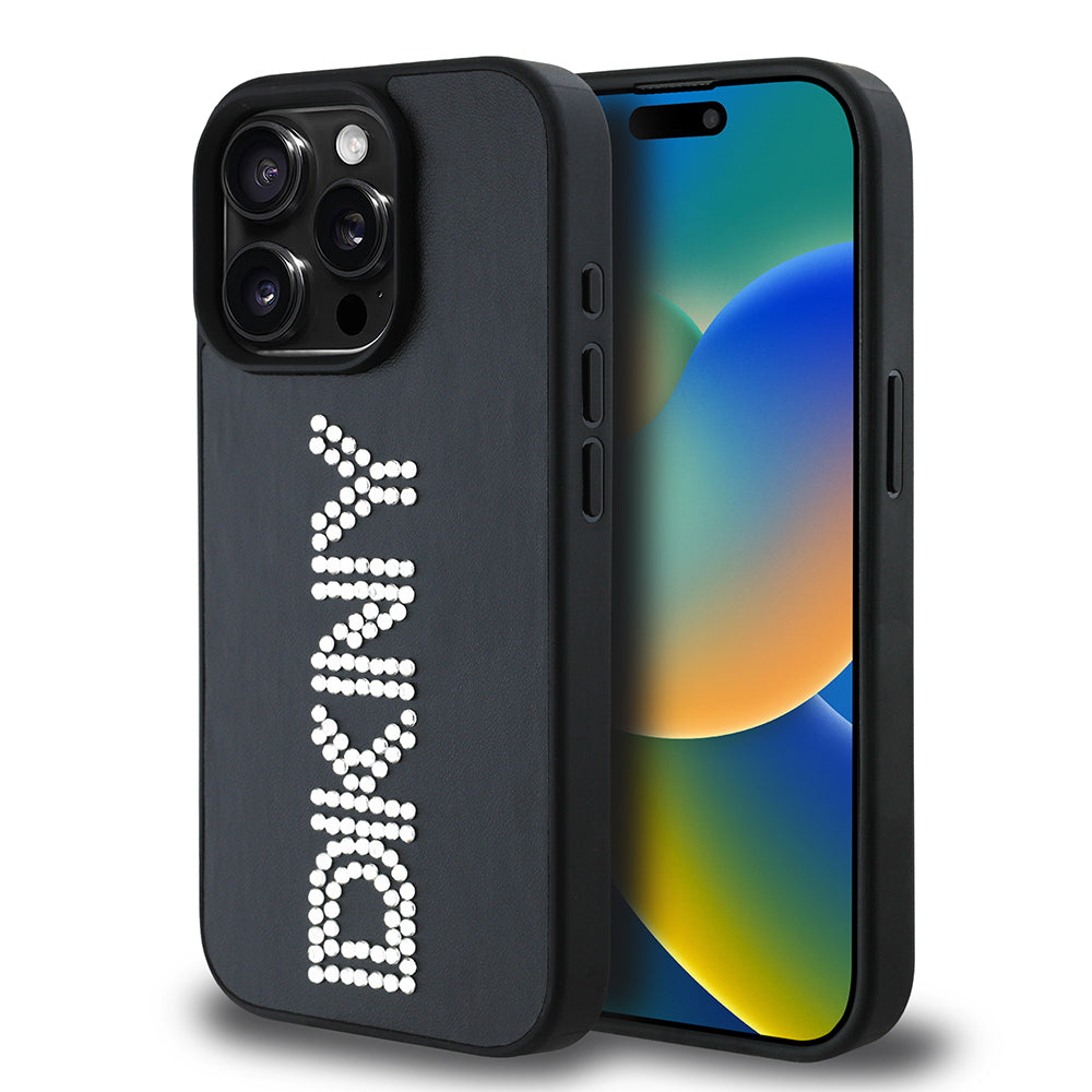 Apple iPhone 15 Pro Max Kılıf DKNY Orjinal Lisanslı Taşlı DKNY Yazılı Metalik Rhinestones PU Deri Kapak Kahverengi