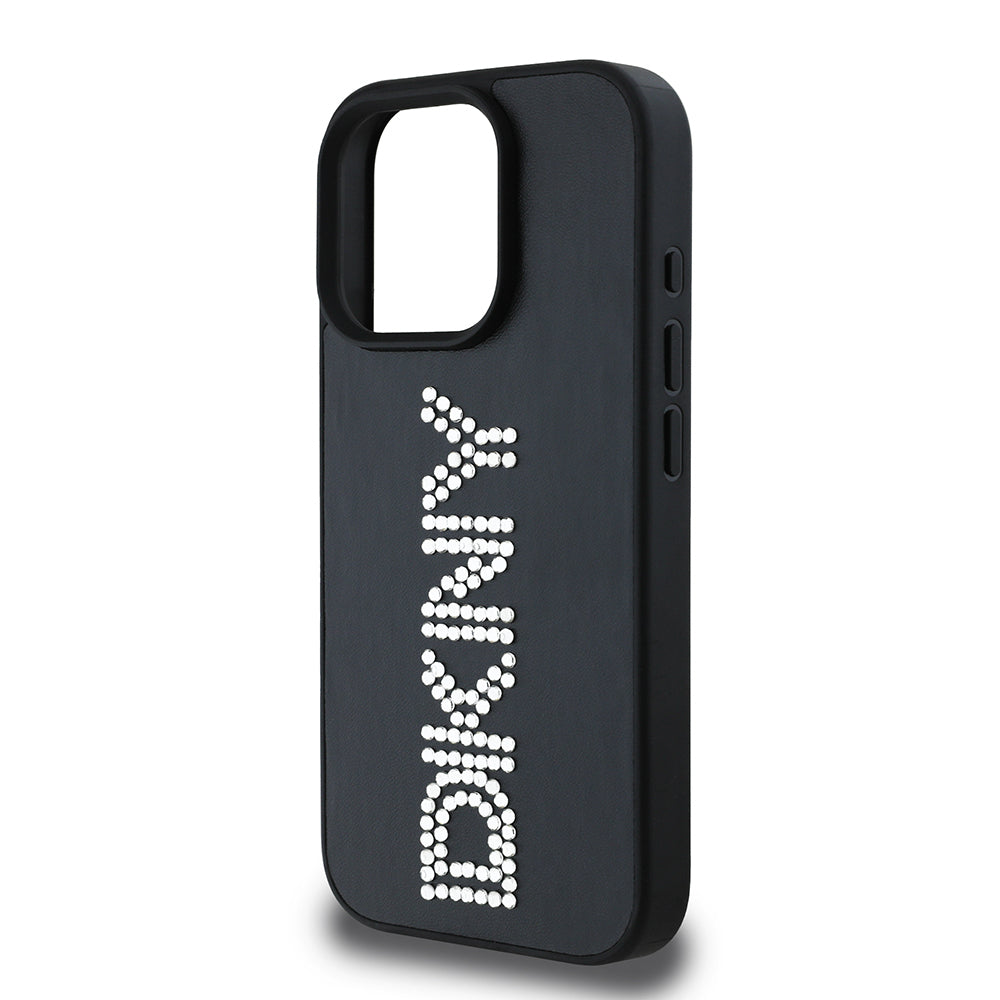 Apple iPhone 15 Pro Max Kılıf DKNY Orjinal Lisanslı Taşlı DKNY Yazılı Metalik Rhinestones PU Deri Kapak Kahverengi