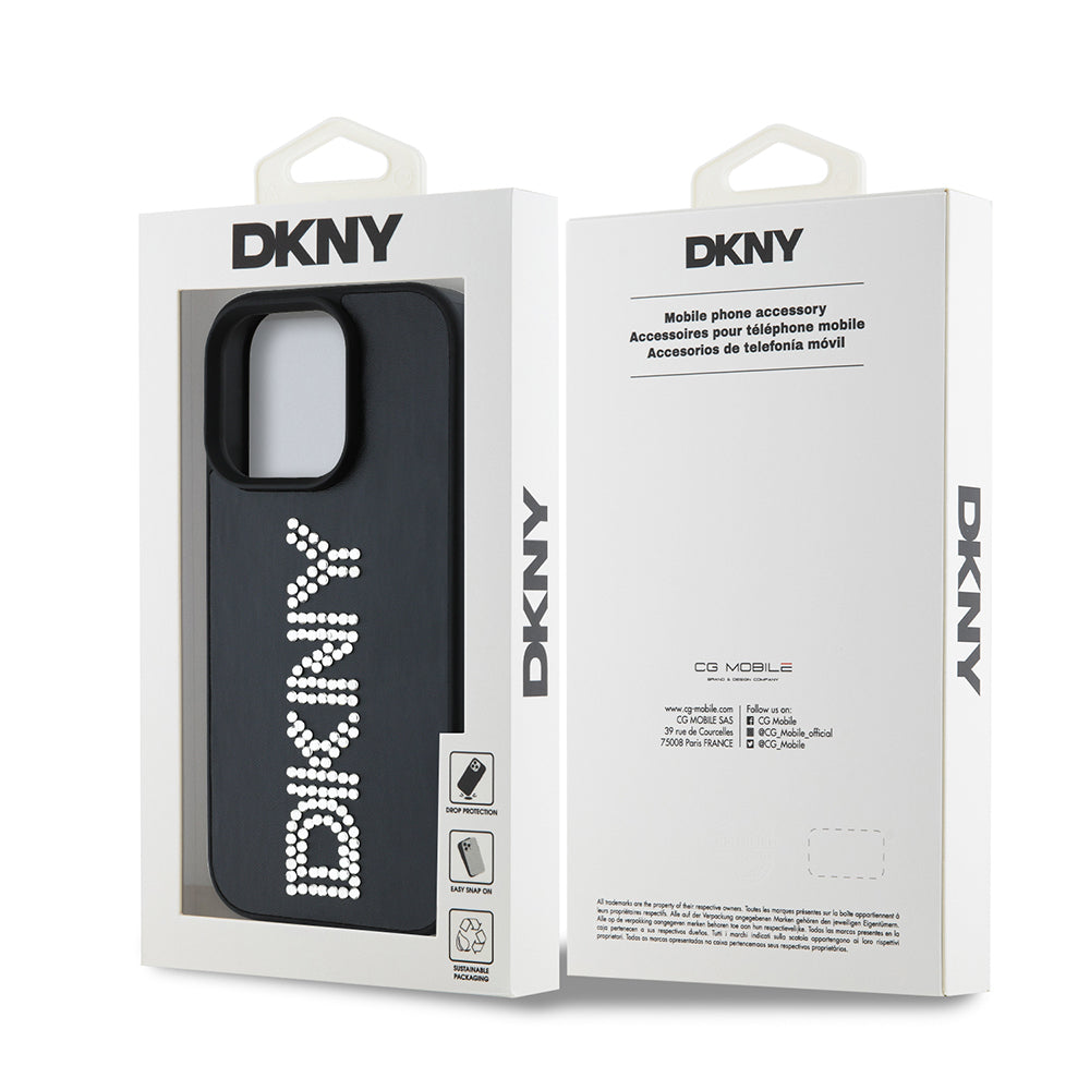 Apple iPhone 15 Pro Max Kılıf DKNY Orjinal Lisanslı Taşlı DKNY Yazılı Metalik Rhinestones PU Deri Kapak Kahverengi