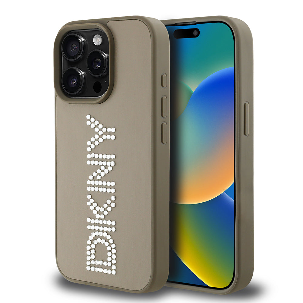 Apple iPhone 15 Pro Max Kılıf DKNY Orjinal Lisanslı Taşlı DKNY Yazılı Metalik Rhinestones PU Deri Kapak Kahverengi