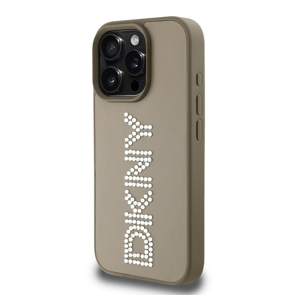 Apple iPhone 15 Pro Max Kılıf DKNY Orjinal Lisanslı Taşlı DKNY Yazılı Metalik Rhinestones PU Deri Kapak Kahverengi