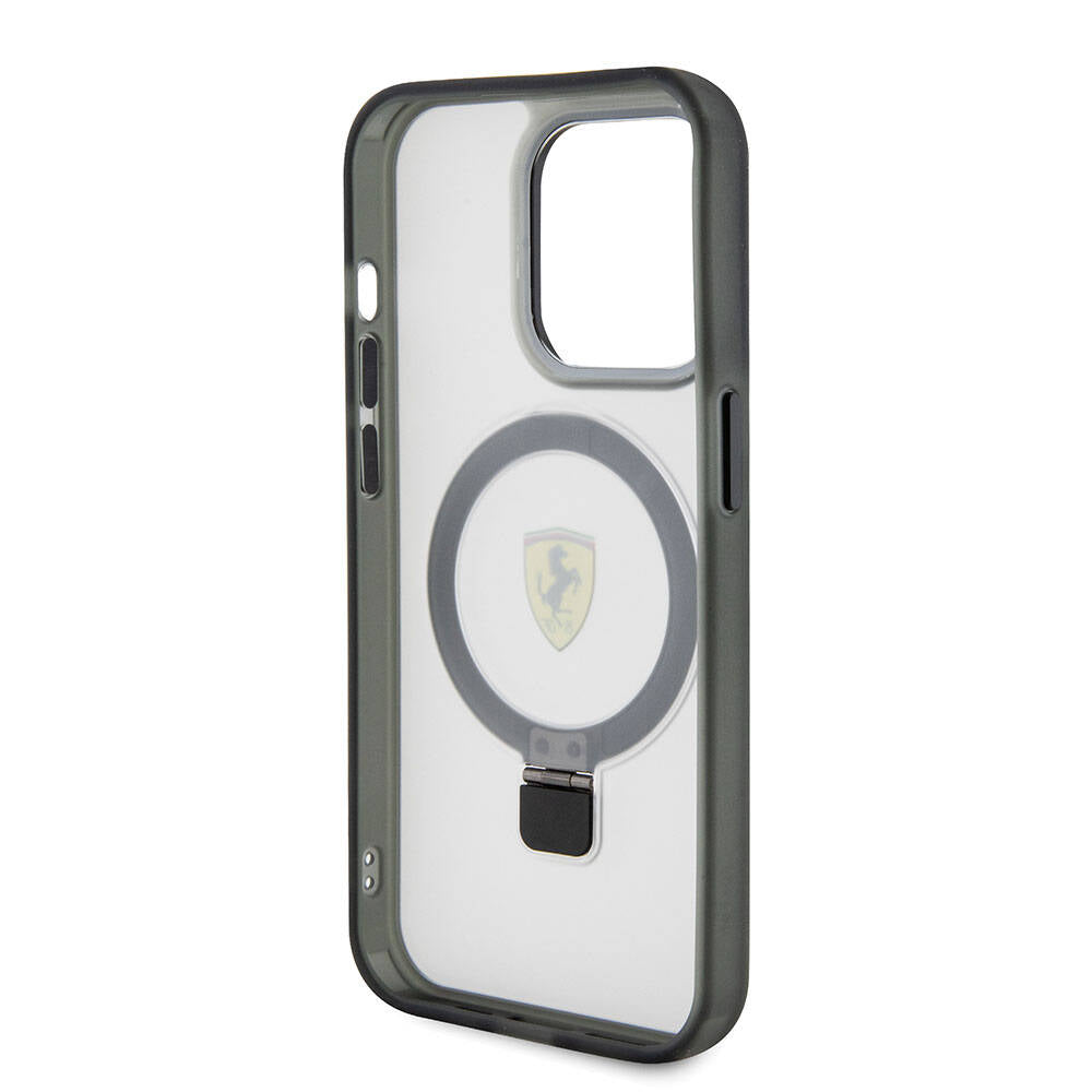 Apple iPhone 15 Pro Max Kılıf Ferrari M-safe Şarj Özellikli Standlı Buzlu Yüzey Dizayn Kapak Siyah