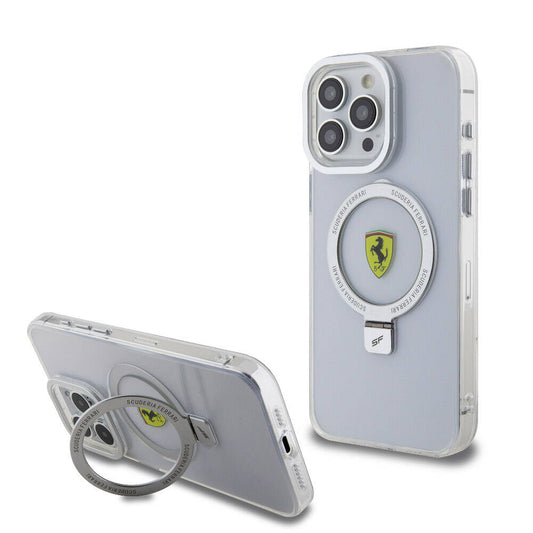 Apple iPhone 15 Pro Max Kılıf Ferrari M-safe Şarj Özellikli Standlı Buzlu Yüzey Dizayn Kapak Gümüş