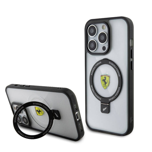Apple iPhone 15 Pro Max Kılıf Ferrari M-safe Şarj Özellikli Standlı Buzlu Yüzey Dizayn Kapak Transparan Siyah