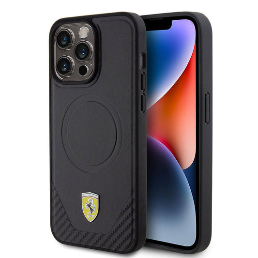 Apple iPhone 15 Pro Max Kılıf Ferrari Orjinal Lisanslı M-safe Şarj Özellikli Metal Logolu PU Karbon Kapak Siyah