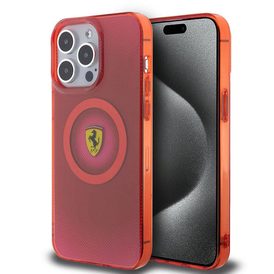 Apple iPhone 15 Pro Max Kılıf Ferrari Orjinal Lisanslı M-safe Şarj Özellikli Parçalanan Noktalar Desenli Kapak Kırmızı