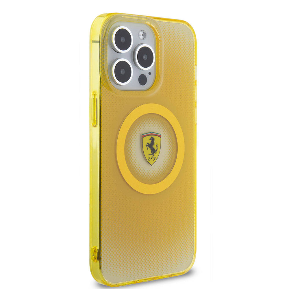 Apple iPhone 15 Pro Max Kılıf Ferrari Orjinal Lisanslı M-safe Şarj Özellikli Parçalanan Noktalar Desenli Kapak Kırmızı