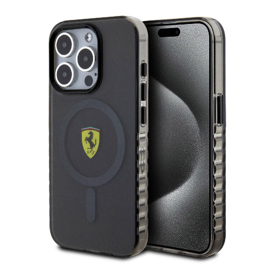 Apple iPhone 15 Pro Max Kılıf Ferrari Orjinal Lisanslı M-safe Şarj Özellikli Tırtıklı Kenar Tasarımlı Ortalanmış Logo Kapak Renksiz