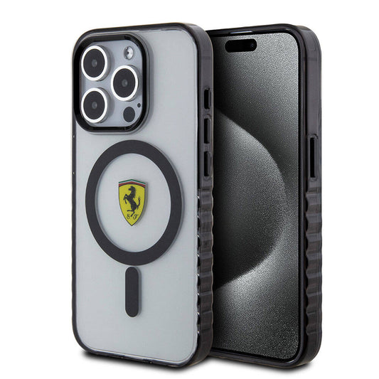 Apple iPhone 15 Pro Max Kılıf Ferrari Orjinal Lisanslı M-safe Şarj Özellikli Tırtıklı Kenar Tasarımlı Ortalanmış Logo Kapak Renksiz