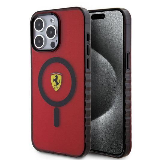 Apple iPhone 15 Pro Max Kılıf Ferrari Orjinal Lisanslı M-safe Şarj Özellikli Tırtıklı Kenar Tasarımlı Ortalanmış Logo Kapak Kırmızı