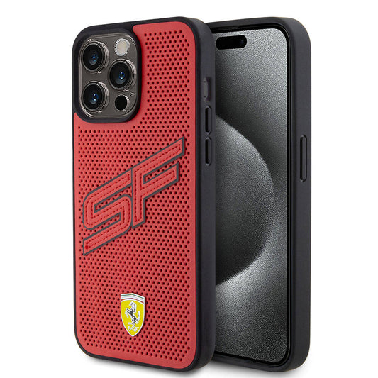 Apple iPhone 15 Pro Max Kılıf Ferrari Orjinal Lisanslı PU Delikli Arka Yüzey Metal Logolu Dikişli Büyük SF Yazılı Kapak Kırmızı
