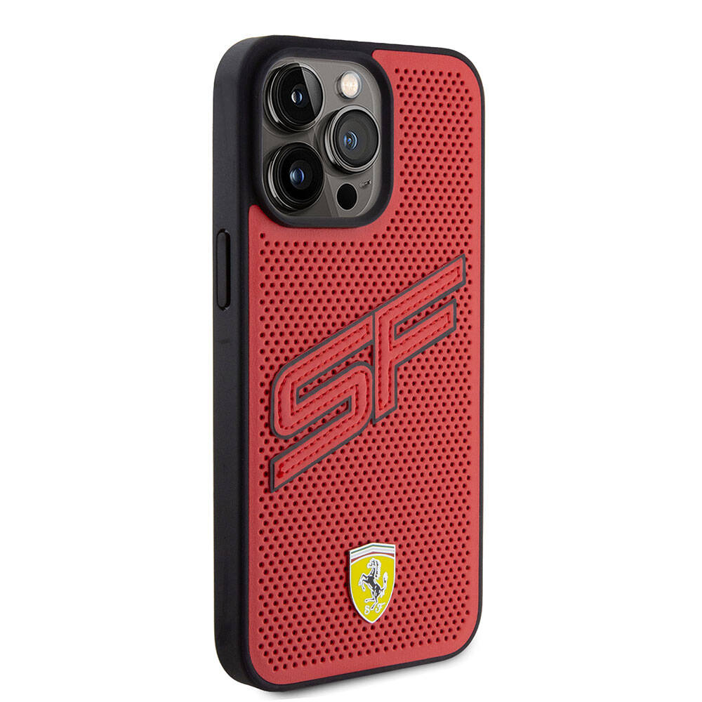 Apple iPhone 15 Pro Max Kılıf Ferrari Orjinal Lisanslı PU Delikli Arka Yüzey Metal Logolu Dikişli Büyük SF Yazılı Kapak Siyah