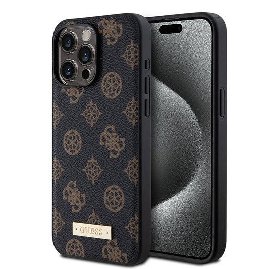 Apple iPhone 15 Pro Max Kılıf Guess M-safe Şarj Özellikli PU Deri Desenli Metal Plaka Logolu Kapak Siyah