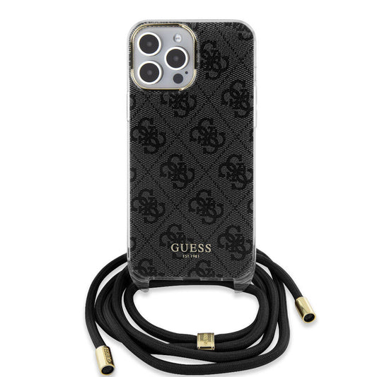 Apple iPhone 15 Pro Max Kılıf Guess Orjinal Lisanslı Çapraz Kordon 4G Desenli Kapak Siyah