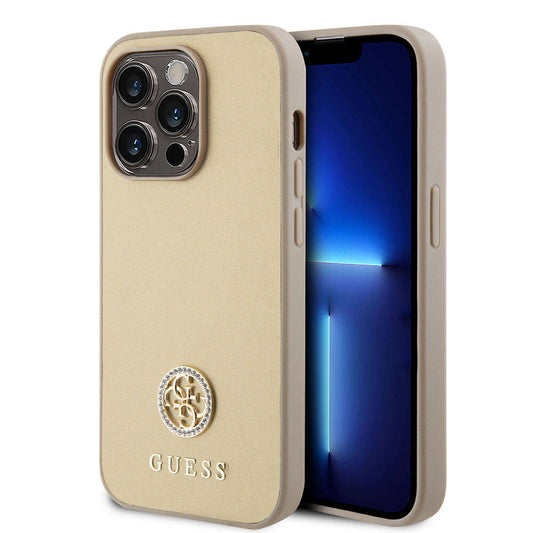 Apple iPhone 15 Pro Max Kılıf Guess Orjinal Lisanslı Deri 4G Metal Logo Strass Kapak Gold