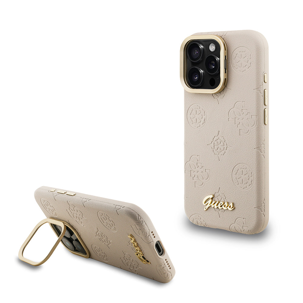 Apple iPhone 15 Pro Max Kılıf Guess Orjinal Lisanslı M-safe Şarj Özellikli Sıcak Baskılı Yazı Logolu Kamera Standlı PU Deri Peony Kapak