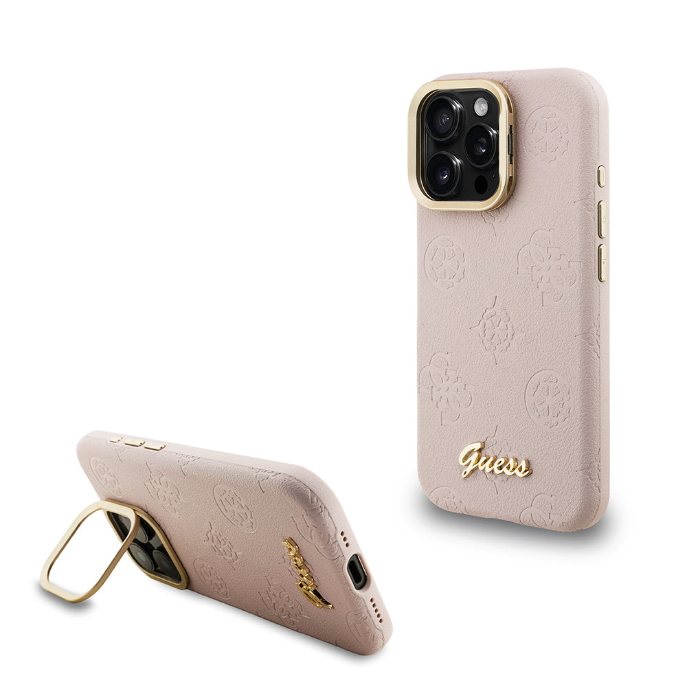 Apple iPhone 15 Pro Max Kılıf Guess Orjinal Lisanslı M-safe Şarj Özellikli Sıcak Baskılı Yazı Logolu Kamera Standlı PU Deri Peony Kapak