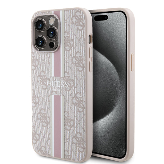 Apple iPhone 15 Pro Max Kılıf Guess Orjinal Lisanslı M-safe Şarj Özellikli 4G Şerit Tasarımlı Printed Kapak Siyah