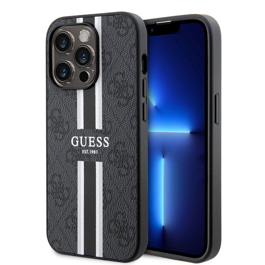 Apple iPhone 15 Pro Max Kılıf Guess Orjinal Lisanslı M-safe Şarj Özellikli 4G Şerit Tasarımlı Printed Kapak Siyah