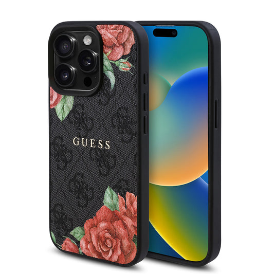 Apple iPhone 15 Pro Max Kılıf Guess Orjinal Lisanslı M-safe Şarj Özellikli Gül Baskılı 4G Desenli Yazı Logolu Kapak Siyah