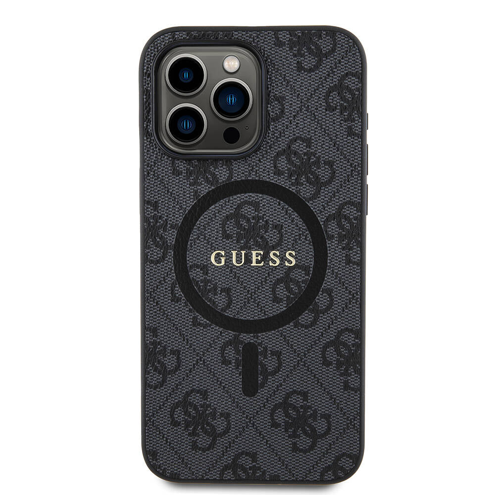Apple iPhone 15 Pro Max Kılıf Guess Orjinal Lisanslı M-safe Şarj Özellikli PU Halkalı 4G Desenli Yazı Logolu Kapak Siyah