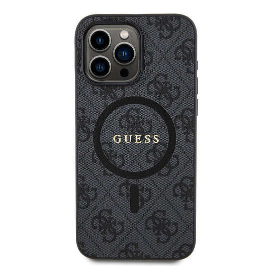 Apple iPhone 15 Pro Max Kılıf Guess Orjinal Lisanslı M-safe Şarj Özellikli PU Halkalı 4G Desenli Yazı Logolu Kapak Siyah