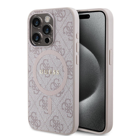 Apple iPhone 15 Pro Max Kılıf Guess Orjinal Lisanslı M-safe Şarj Özellikli PU Halkalı 4G Desenli Yazı Logolu Kapak Pembe