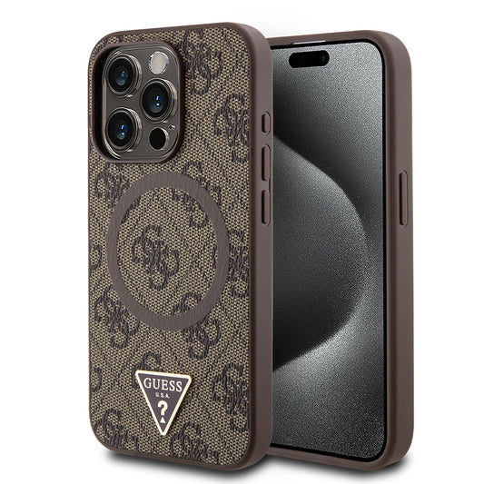 Apple iPhone 15 Pro Max Kılıf Guess Orjinal Lisanslı M-safe Şarj Özellikli PU Üçgen Logo 4G Desenli Kapak Siyah