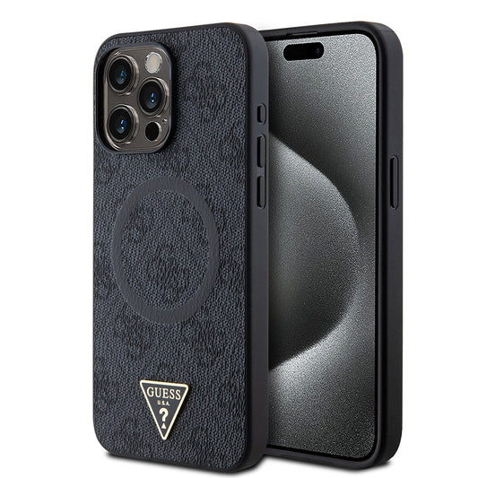 Apple iPhone 15 Pro Max Kılıf Guess Orjinal Lisanslı M-safe Şarj Özellikli PU Üçgen Logo 4G Desenli Kapak Siyah