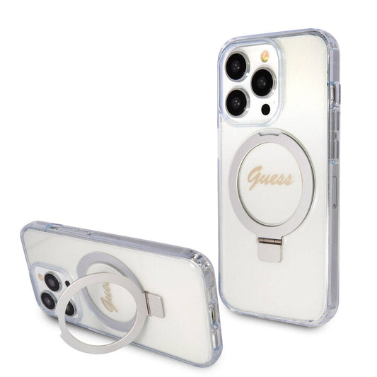Apple iPhone 15 Pro Max Kılıf Guess Orjinal Lisanslı M-safe Şarj Özellikli Simli Arka Yüzey Ring Standlı Kapak Renksiz