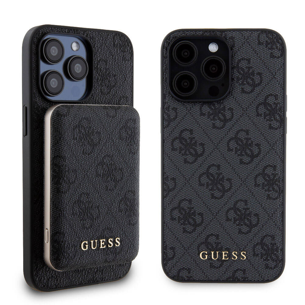 Apple iPhone 15 Pro Max Kılıf Guess Orjinal Lisanslı M-safe Şarj Özellikli Yazı Logolu 4G Desenli Kapak + Powerbank 5000mAh 2in1 Set Kahverengi