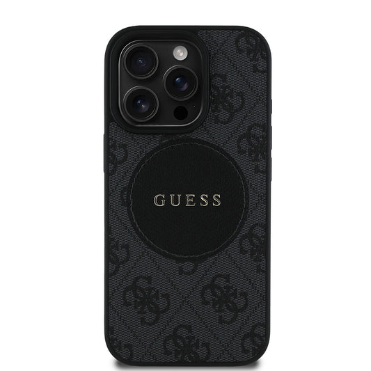Apple iPhone 15 Pro Max Kılıf Guess Orjinal Lisanslı M-safe Şarj Özellikli Yazı Logolu Circle Classic Kapak Kahverengi