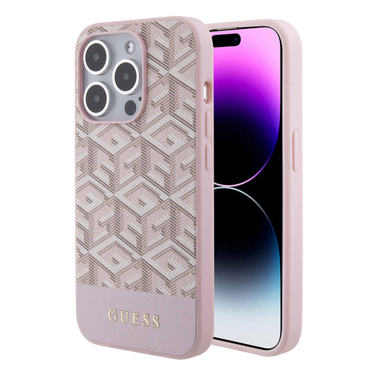 Apple iPhone 15 Pro Max Kılıf Guess Orjinal Lisanslı M-safe Şarj Özellikli Yazı Logolu GCube Desenli Kapak Pembe