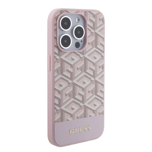 Apple iPhone 15 Pro Max Kılıf Guess Orjinal Lisanslı M-safe Şarj Özellikli Yazı Logolu GCube Desenli Kapak Pembe