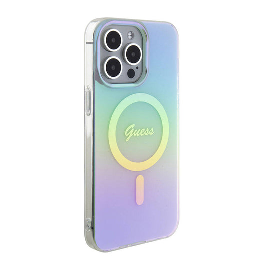 Apple iPhone 15 Pro Max Kılıf Guess Orjinal Lisanslı M-safe Şarj Özellikli Yazı Logolu Iridescent Kapak Turkuaz