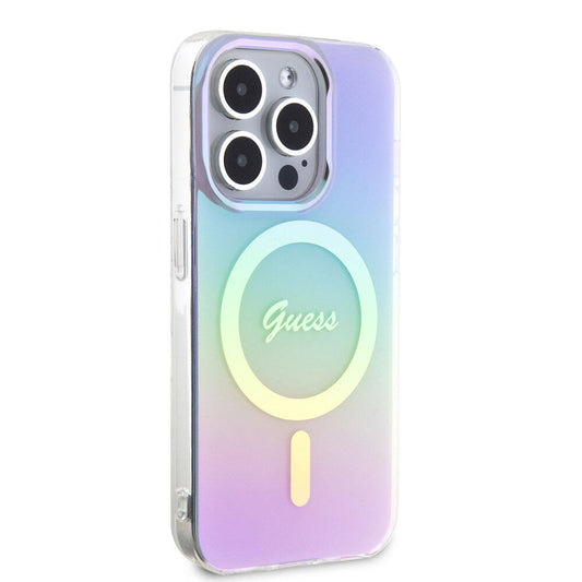 Apple iPhone 15 Pro Max Kılıf Guess Orjinal Lisanslı M-safe Şarj Özellikli Yazı Logolu Iridescent Kapak Mor
