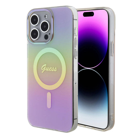 Apple iPhone 15 Pro Max Kılıf Guess Orjinal Lisanslı M-safe Şarj Özellikli Yazı Logolu Iridescent Kapak Siyah