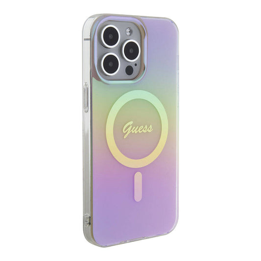 Apple iPhone 15 Pro Max Kılıf Guess Orjinal Lisanslı M-safe Şarj Özellikli Yazı Logolu Iridescent Kapak Pembe
