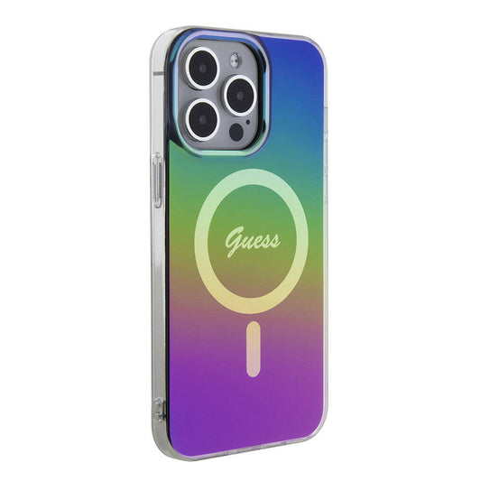 Apple iPhone 15 Pro Max Kılıf Guess Orjinal Lisanslı M-safe Şarj Özellikli Yazı Logolu Iridescent Kapak Siyah