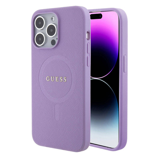 Apple iPhone 15 Pro Max Kılıf Guess Orjinal Lisanslı M-safe Şarj Özellikli Yazı Logolu Saffiano Kapak Krem