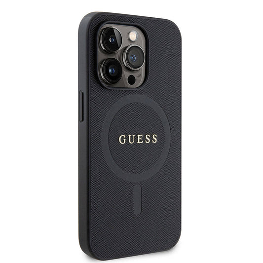Apple iPhone 15 Pro Max Kılıf Guess Orjinal Lisanslı M-safe Şarj Özellikli Yazı Logolu Saffiano Kapak Siyah