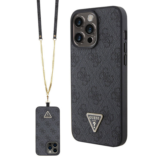 Apple iPhone 15 Pro Max Kılıf Guess Orjinal Lisanslı PU Deri Askılı Taşlı Üçgen Logo 4G Desenli Strass Crossbody Kapak Kahverengi