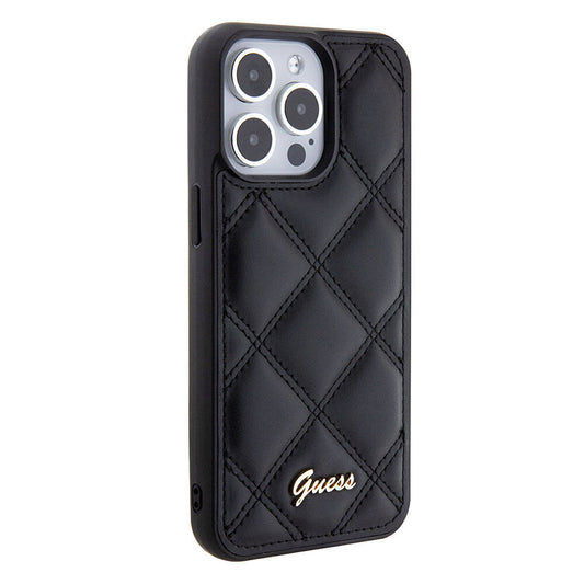 Apple iPhone 15 Pro Max Kılıf Guess Orjinal Lisanslı PU Deri Metal Yazı Logolu Kapitone Kapak Siyah