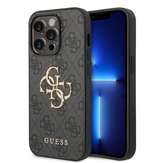 Apple iPhone 15 Pro Max Kılıf Guess Orjinal Lisanslı PU Deri Yazı ve 4G Metal Logolu Desenli Kapak Kahverengi