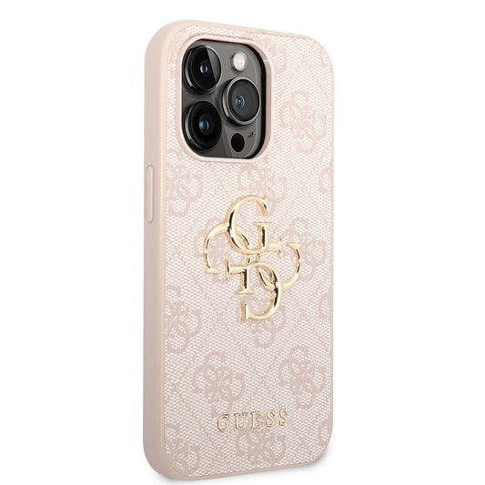 Apple iPhone 15 Pro Max Kılıf Guess Orjinal Lisanslı PU Deri Yazı ve 4G Metal Logolu Desenli Kapak Pembe