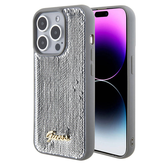 Apple iPhone 15 Pro Max Kılıf Guess Orjinal Lisanslı Pullu Arka Yüzey Metal Yazı Logolu Sequin Script Kapak Pembe