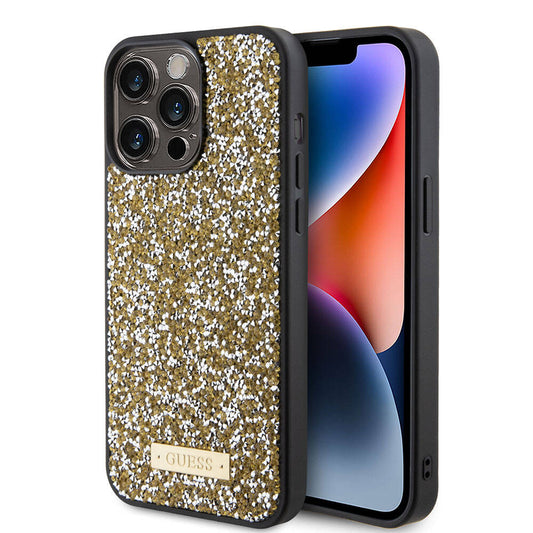Apple iPhone 15 Pro Max Kılıf Guess Orjinal Lisanslı Taşlı Arka Yüzey Metal Yazı Logolu Kapak Pembe Açık