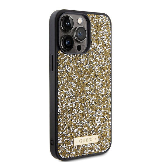 Apple iPhone 15 Pro Max Kılıf Guess Orjinal Lisanslı Taşlı Arka Yüzey Metal Yazı Logolu Kapak Sarı